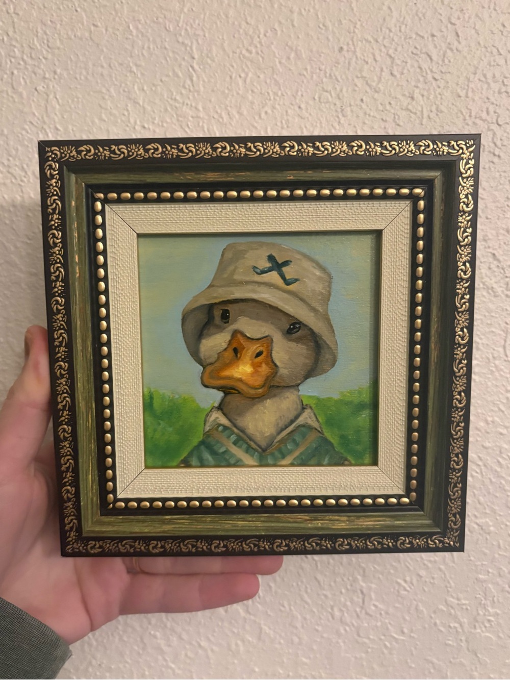"Duck on the Greens” Original oil painting on wood board mini framed 4x4"
